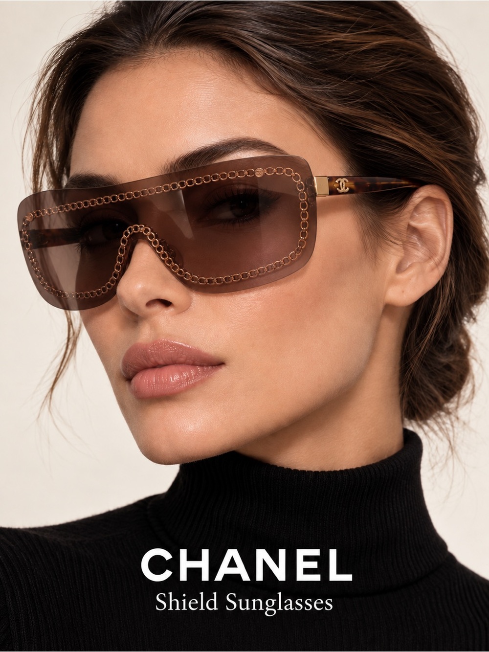CHANEL Brown Shield Sunglasses with Gold Chain Trim